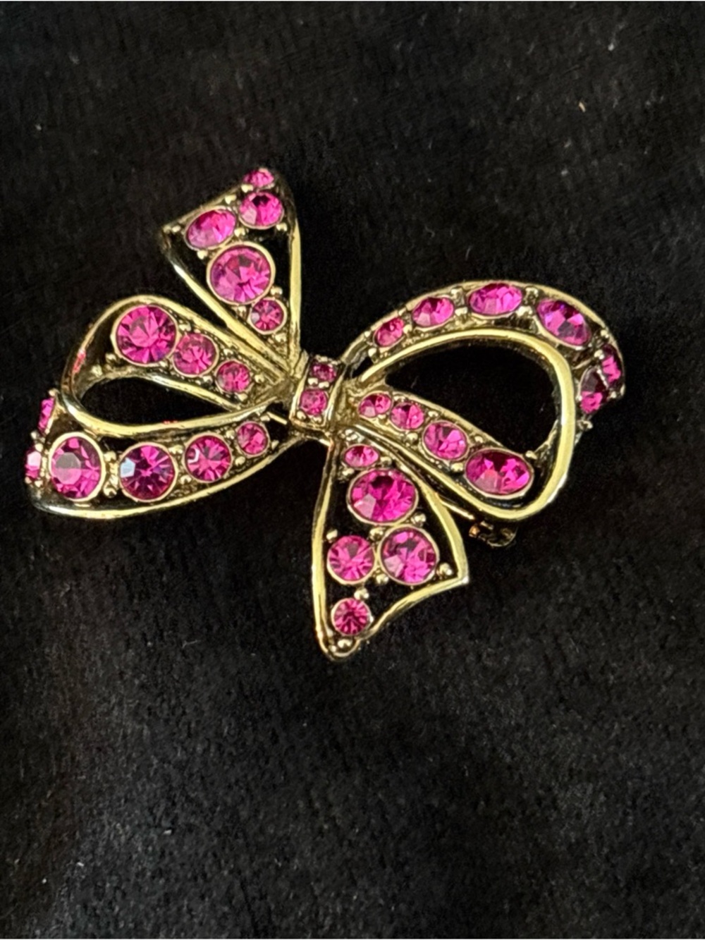 Vintage LC Signed Liz Claiborne Open Work Pink Rhinestone Bow Brooch Gold - Picture 7 of 8